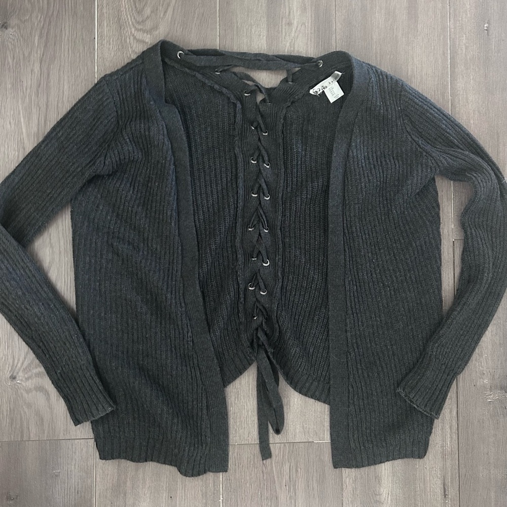 Lace-Up Ribbed Open Cardigan Sweater